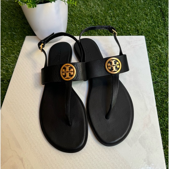 TORY BURCH BENTON 2 FLAT THONG
SANDAL black Calf Leather Sz 9.5 women Gold Logo - Picture 3 of 9